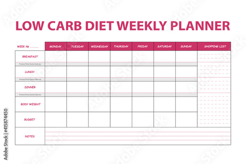 Pink diet weekly planner isolated on white background. Food menu plan for diet. Daily schedule template for cooking meals. Week plan low carb menu notes.