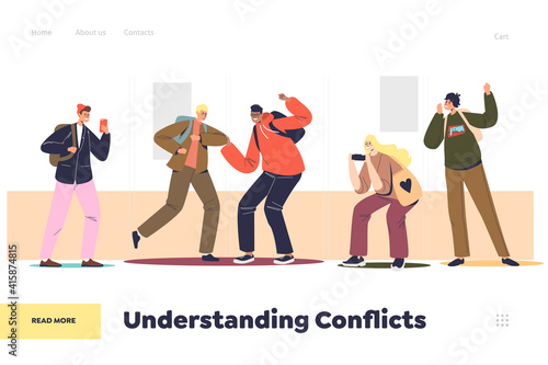 Understanding conflict concept of landing page with two boys fighting in school