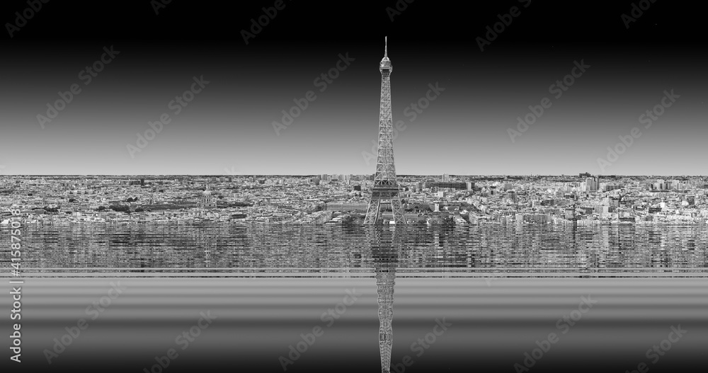 Fototapeta premium Dystopian photography of the city of Paris after the thawing of the poles and the rise in sea level, product of climate change due to the action of human beings
