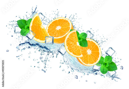 orange water splash and ice cubes isolated on white