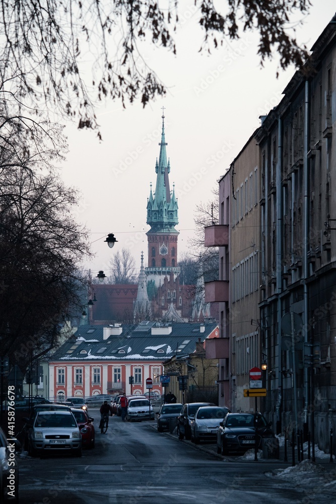 Obraz premium Street with cars, church in background