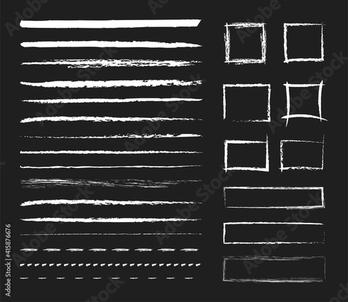 Chalk graphic elements. Vector set of chalk brushes, grunge lines, strokes, square frame, rectangle. Hand drawn elements on school blackboard. Borders with a rough chalk texture. Horizontal  lines