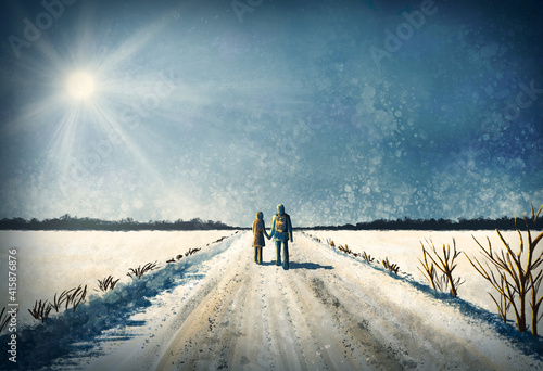 A couple walking in the white snow in winter. Realistic watercolor illustration.
