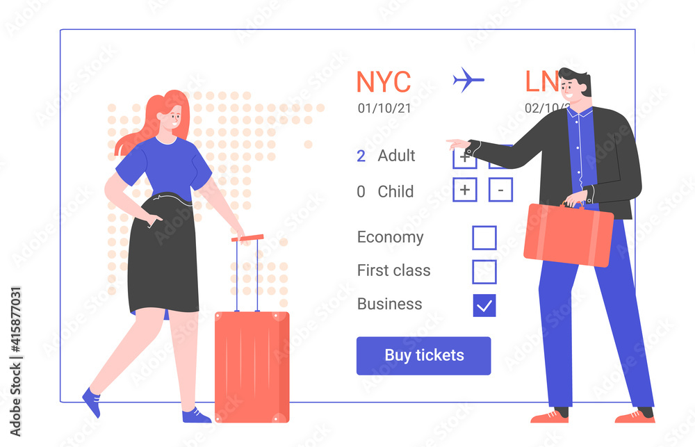 Colleagues book air tickets for a business trip. People in business attire stand next to the airline's website. Vector flat illustration. Colleagues book air tickets for a business trip. People in business attire stand next to the airline's website. Vector flat illustration.