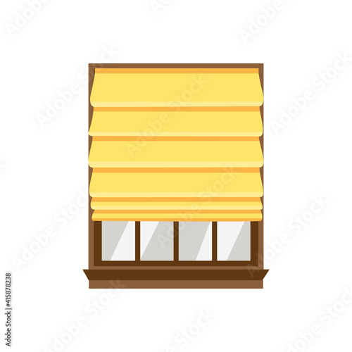 Window frame with yellow textile Roman blinds flat vector illustration isolated.