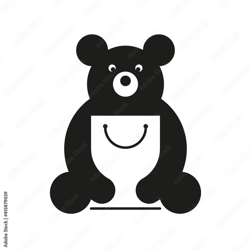 Fototapeta premium Bear with a bag in his hands. Bear logo with white shopping bag on white background. Vector, illustration