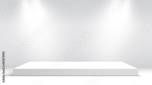 White podium with spotlights. Pedestal. Vector illustration.