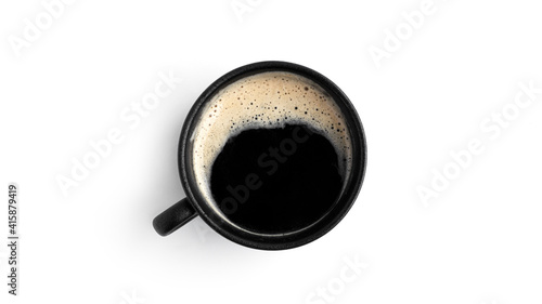 Espresso in a black cup isolated on a white background.