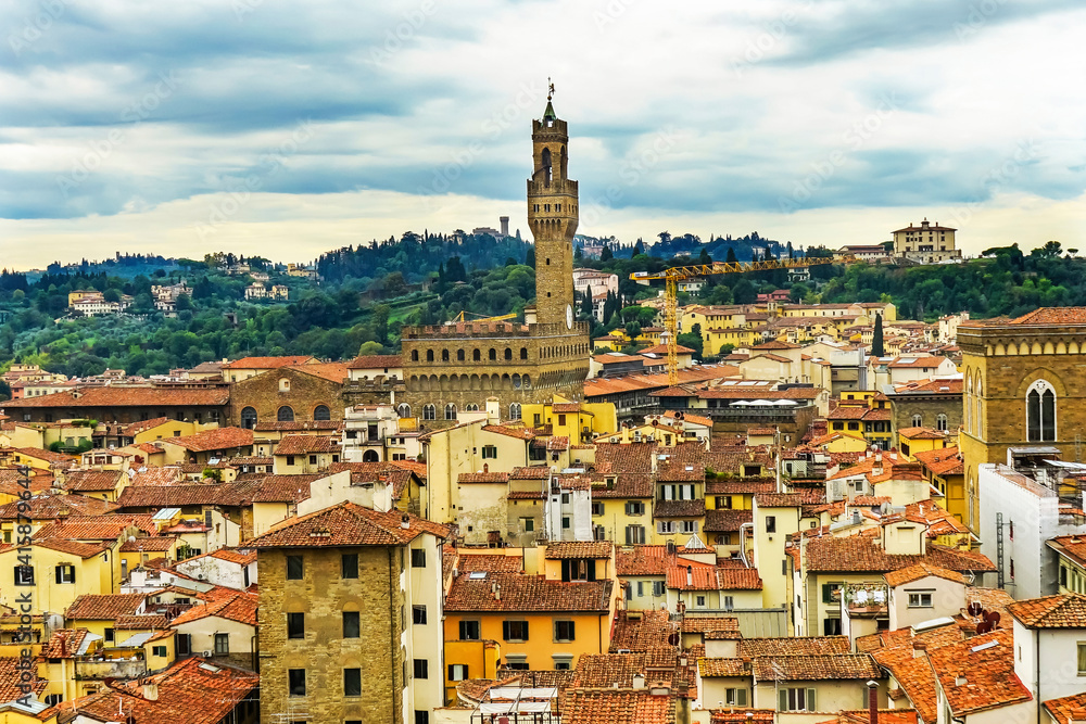 Orange roofs, Palazzo Vecchio, City Hall Tower, Piazza della Signoria, Florence, Tuscany, Italy
