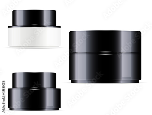 Cosmetic cream jar plastic mockup. Beauty cream container set, vector bottle isolated on white background. Clear glass packaging blank. Premium face cosmetic packaging, round glossy for wax, powder