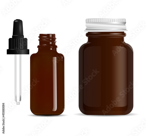 Dropper bottle brown glass. Amber eyedropper, pill jar vector mockup. Medical serum vial, black cap, realistic 3d. Isolated pharmacy flask with pipette. Essential oil drop, clear vitamin jar