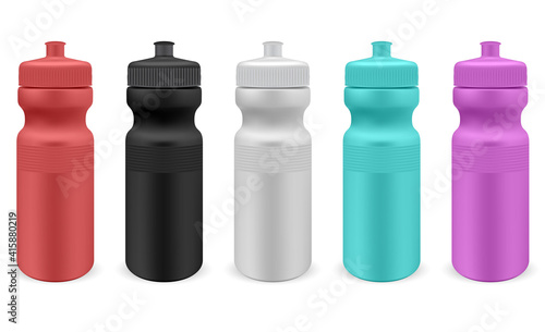 Sport water bottle. Isolated plastic fitness bottle template. Bike flask blank mockup, reusable container design, adventure equipment, summer travel