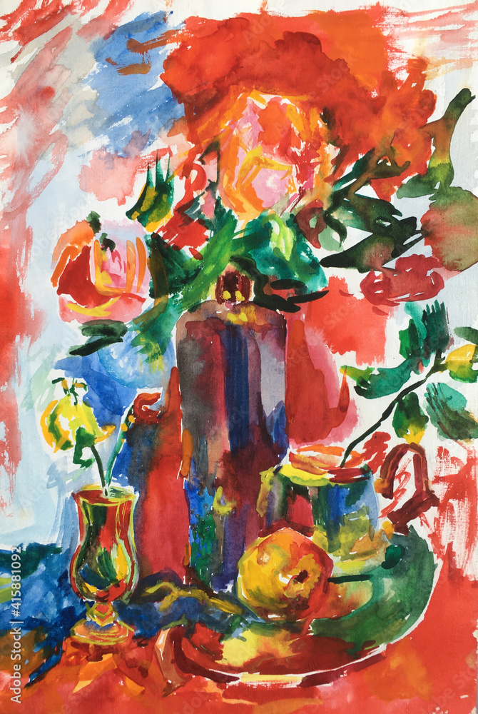 Red abstract still life with pink roses in a vase, an apple and a teapot on a blue drapery for printing on T-shirts, for fabric design, postcards, prints for cafes and restaurants.