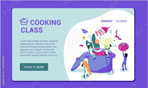 Cooking class website landing page template. Receipt. People cooking together. Teamwork, Tiny Characters cooking huge pot. Food Preparing Process. 