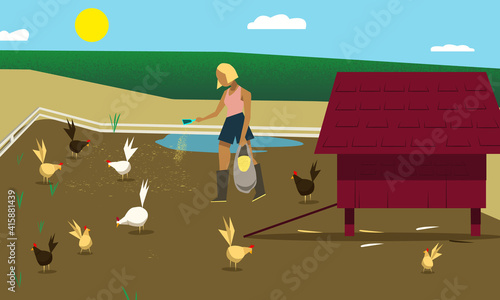 Landscape illustration with Female Farmer feeding chickens illustration flat vector. (ID: 415881439)