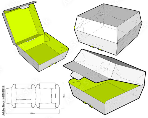 Fast Food Burger Box and Die-cut Pattern. The .eps file is full scale and fully functional. Prepared for real cardboard production.