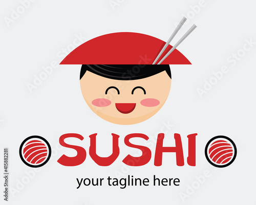 Funny cartoon asian man in cone hat. Japanese food advertisement concept. Japanese vector mascot. Sign for a sushi shop or restaurant.