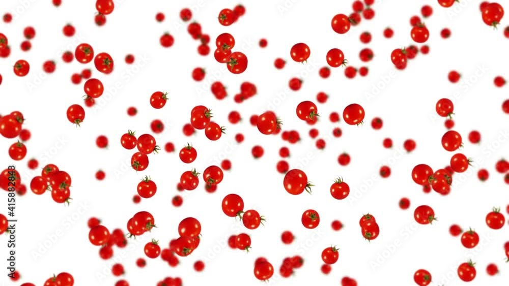 Flying many fresh tomatoes on white background. Organic vegetables. Ripe juicy cherry tomatoes. 3D loop animation of tomato rotating. Flying many fresh tomatoes on white background. Organic vegetables. Ripe juicy cherry tomatoes. 3D loop animation of tomato rotating.