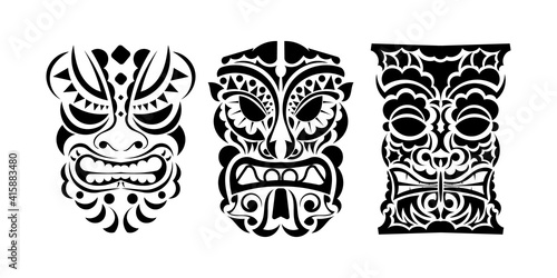 Set of tattoo faces or masks in ornament style of Polynesia, Maori or Hawaiian tribes. Vector