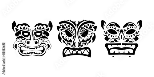 Set of tattoo faces or masks in ornament style. Polynesian, Maori or Hawaiian tribal patterns. Vector