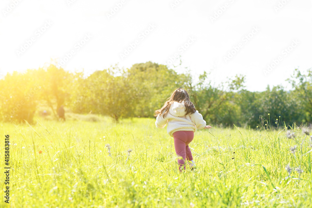 Little happy child girl running on meadow in summer in nature. Little happy child girl running on meadow in summer in nature.