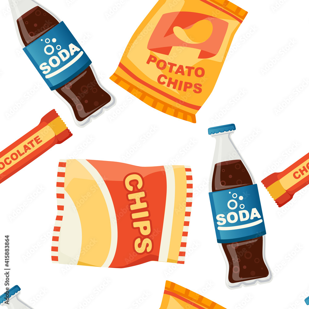 Soda potato chips and chocolate bar snack product set flat vector
