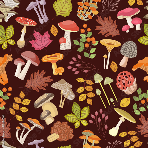 Autumn seamless pattern with forest mushrooms, berries and leaves.