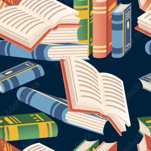 Seamless pattern books pile open and close books set for library vector illustration on blue background