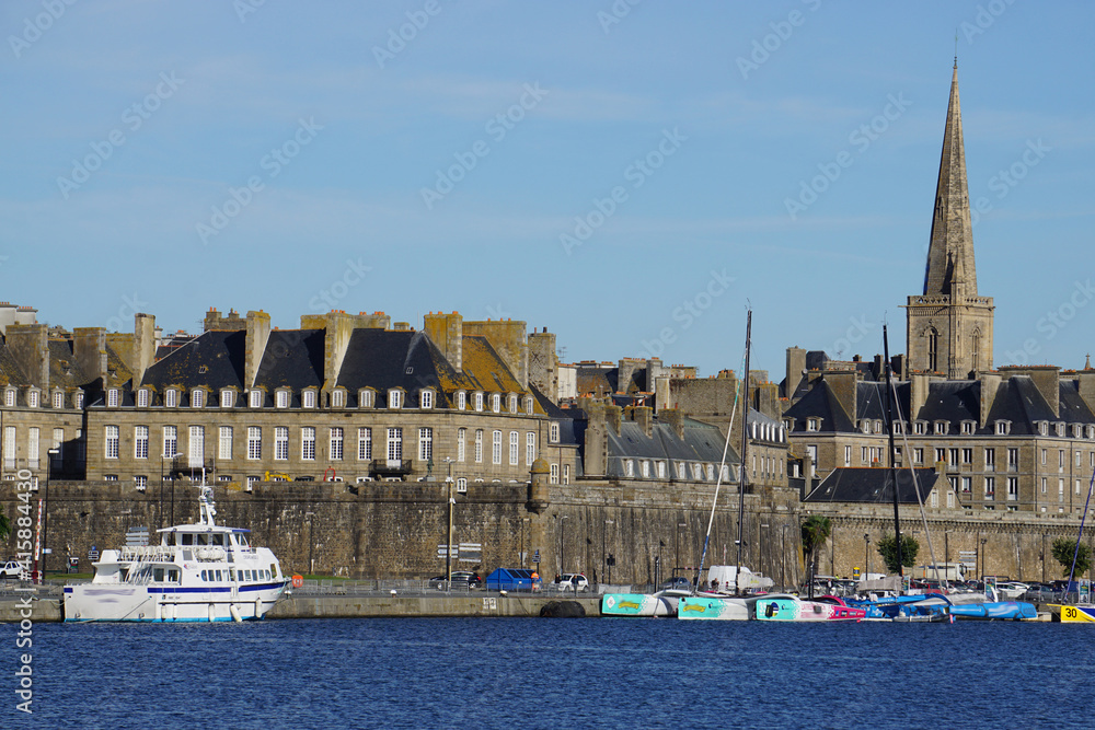view of the harbor and old town and ramparts of St Malo, Brittany, France