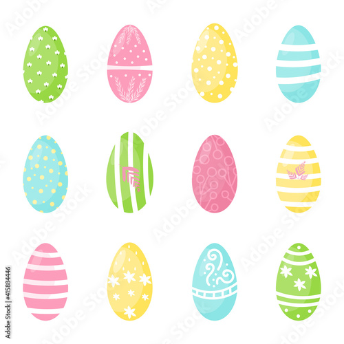 set of 12 Easter eggs isolated on white background. Multi-colored, decorated holiday eggs. Design of postcards, advertisements, stickers. Vector illustration. Flat.