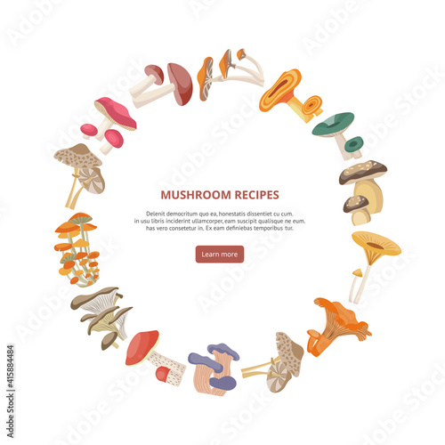 Mushroom recipes banner or brochure cover template flat vector illustration.