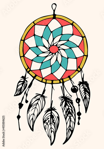 Dreams catcher with feathers and colorful mandala