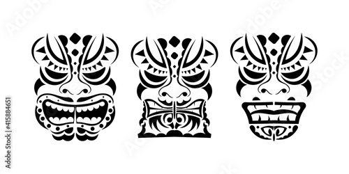 Set of Viking faces in ornament style. Polynesian, Maori or Hawaiian tribal patterns. Good for tattoos and t-shirts. Isolated. Vector