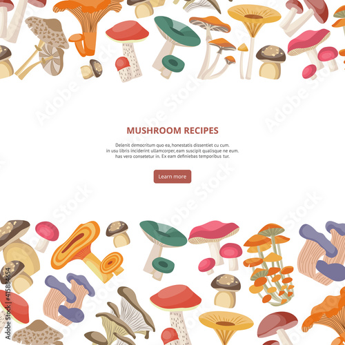 Mushroom recipes banner or cover with forest mushrooms, flat vector illustration.