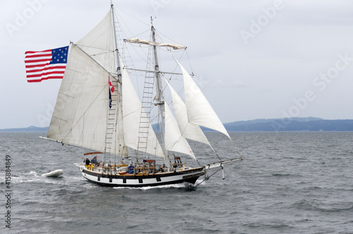 Amazing Grace is an 83 foot topsail schooner and sets a square topsail on the foremast and seven fore and aft sails. She is based out of Gig Harbor, Washington.