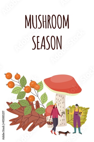Mushroom season card with cartoon people picking mushrooms
