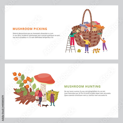 Collecting forest edible mushrooms in autumn season a vector illustration.