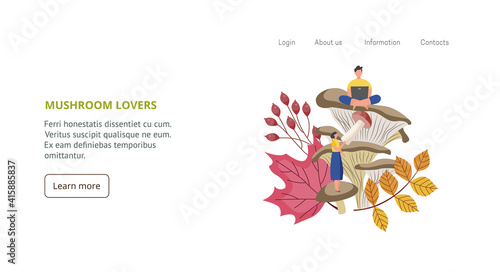 Website with people learning and picking forest mushrooms, vector illustration. photo