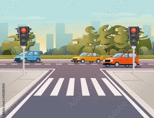 Road transport driving along the road with pedestrian crossing and traffic lights sunny day with clear sky vector illustration