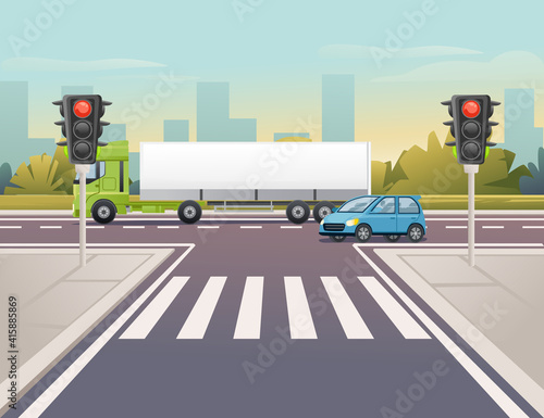 Road transport driving along the road with pedestrian crossing and traffic lights sunny day with clear sky vector illustration
