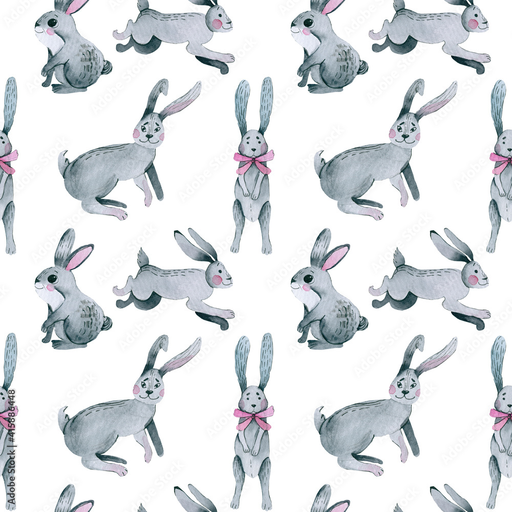 Obraz premium Lovely rabbits in hearts and flowers. Cute childish seamless pattern in cartoon style. Seamless pattern can be used for wallpapers, pattern fills,
