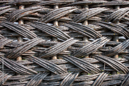 The wall is woven from dry branches closeup. Weaving with dry gray branches of wild grapes.