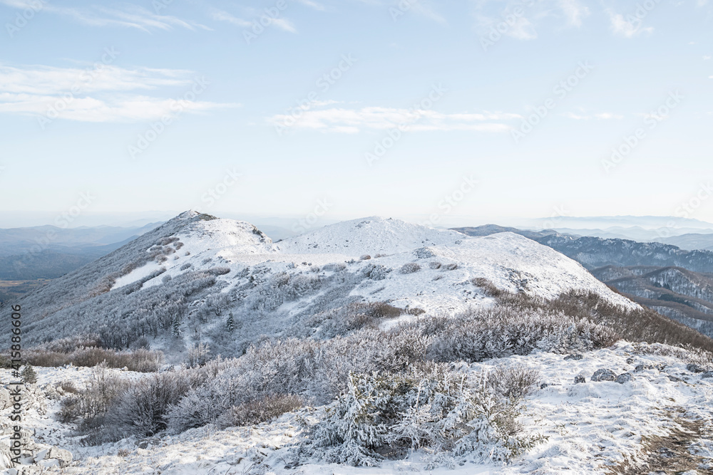 Snow covered mountain range | european mountains | Bjelolasica mountain in Croatia | sunny winter day | snowy mountain top | nordic winter landscape