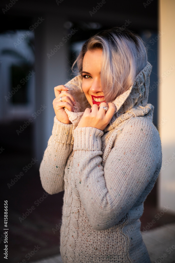 portrait of young woman with makeup at sunset outdoors portrait of young woman with makeup at sunset outdoors