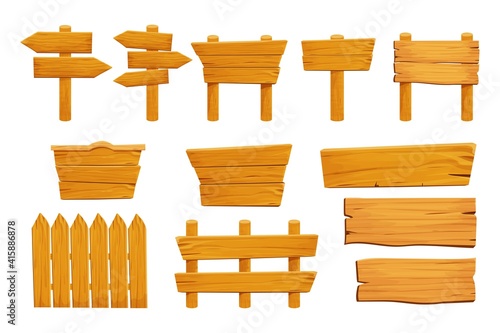 Set wooden elements fence, plywood planks, banner, empty signboard textured in cartoon style isolated on white background. Template assets ui game. Collection frames, button. 