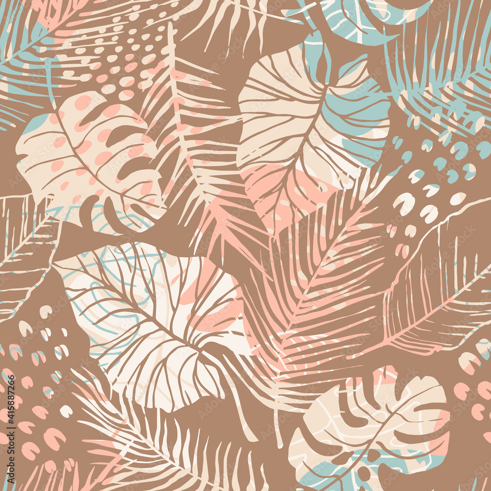 Tropical seamless pattern with abstract leaves. Modern design for paper, cover, fabric, interior decor and other