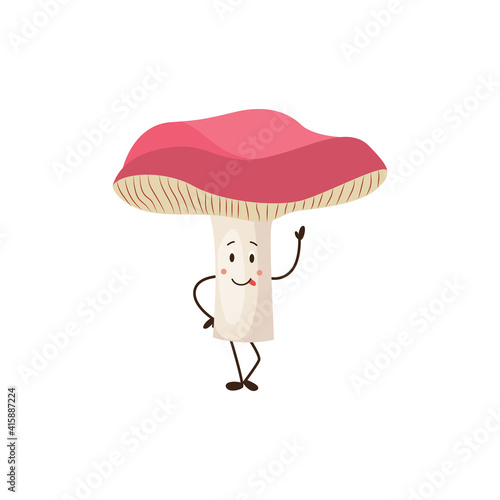 Russula mushroom with funny face on stem, flat vector illustration isolated.