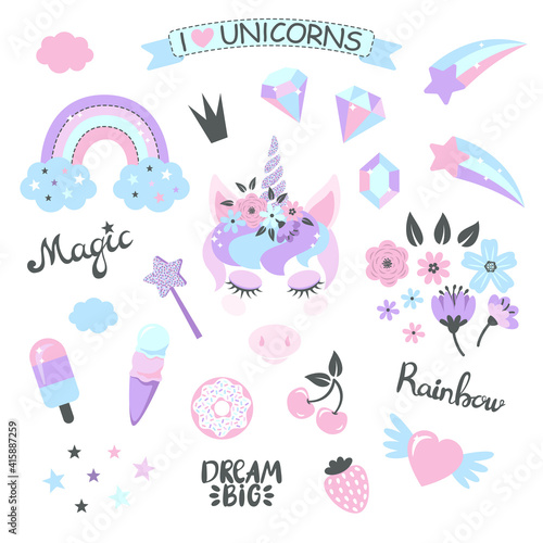 Set of the colorful, sparkling unicorn magic world elements. Vector illustration.