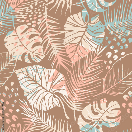 Tropical seamless pattern with abstract leaves. Modern design for paper, cover, fabric, interior decor and other