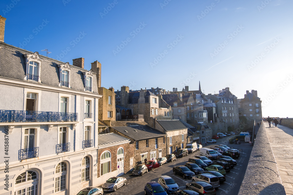 Saint-Malo, France - August 25, 2019: Cityscape from the Historic wall of the old city in Intra Muros of Saint-Malo, Brittany, France